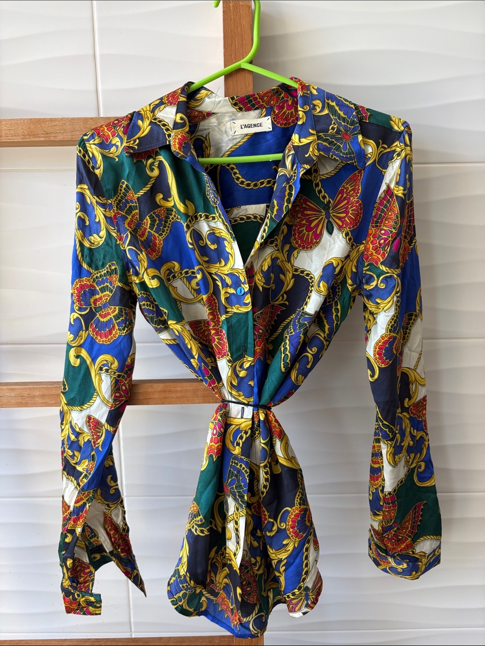 L'AGENCE Multicolor Butterfly & Chain Print Tie-Front Shirt Jacket